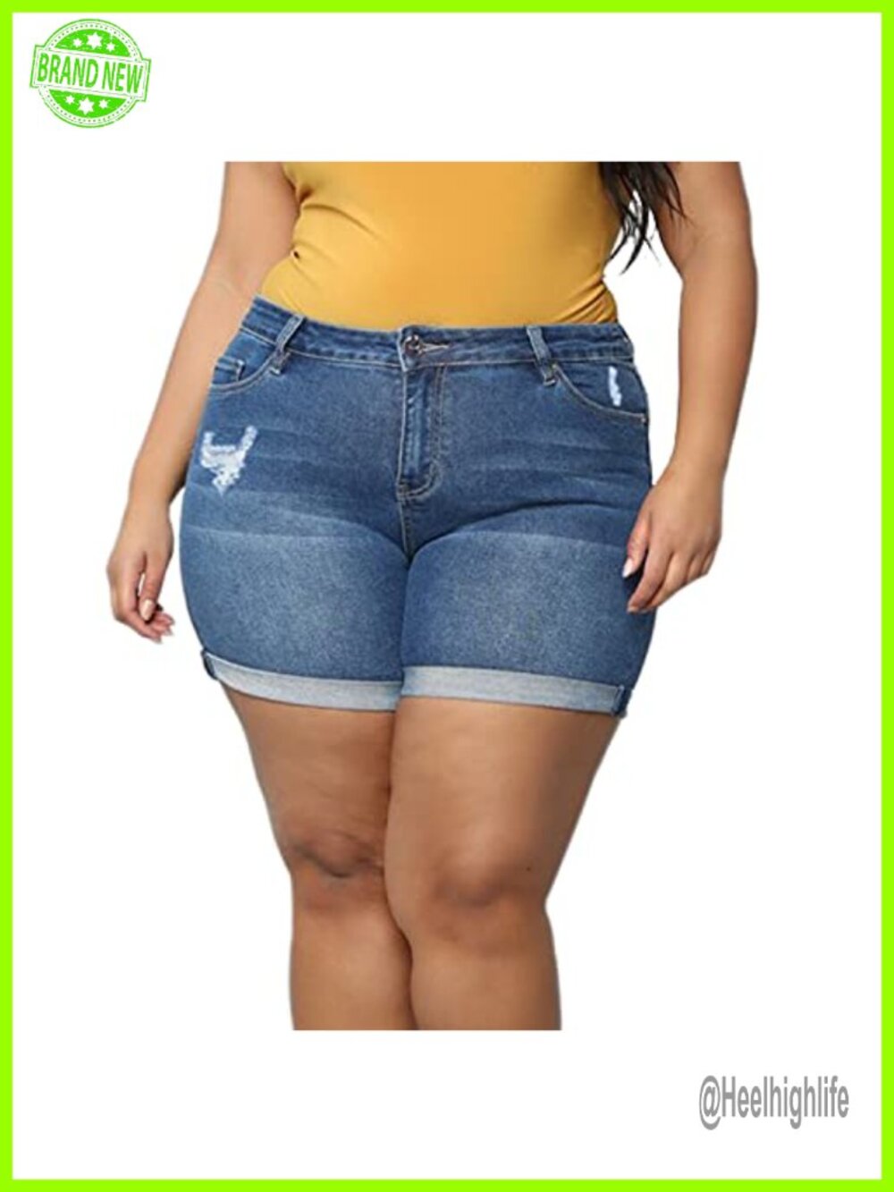 Plus Size Ripped Denim Jean Shorts High Waisted Stretchy Folded Hem